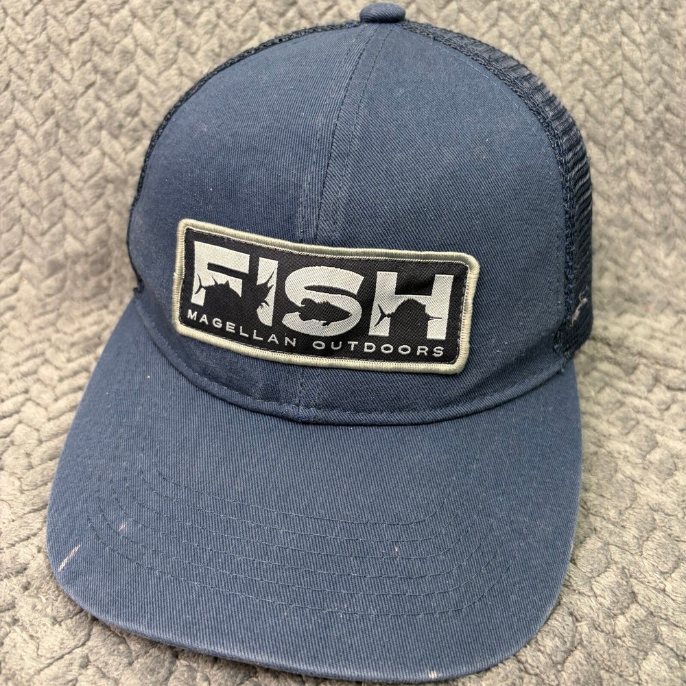 Magellan Outdoors Fish Patch Trucker Hat Navy Blue Mesh Snapback Cap